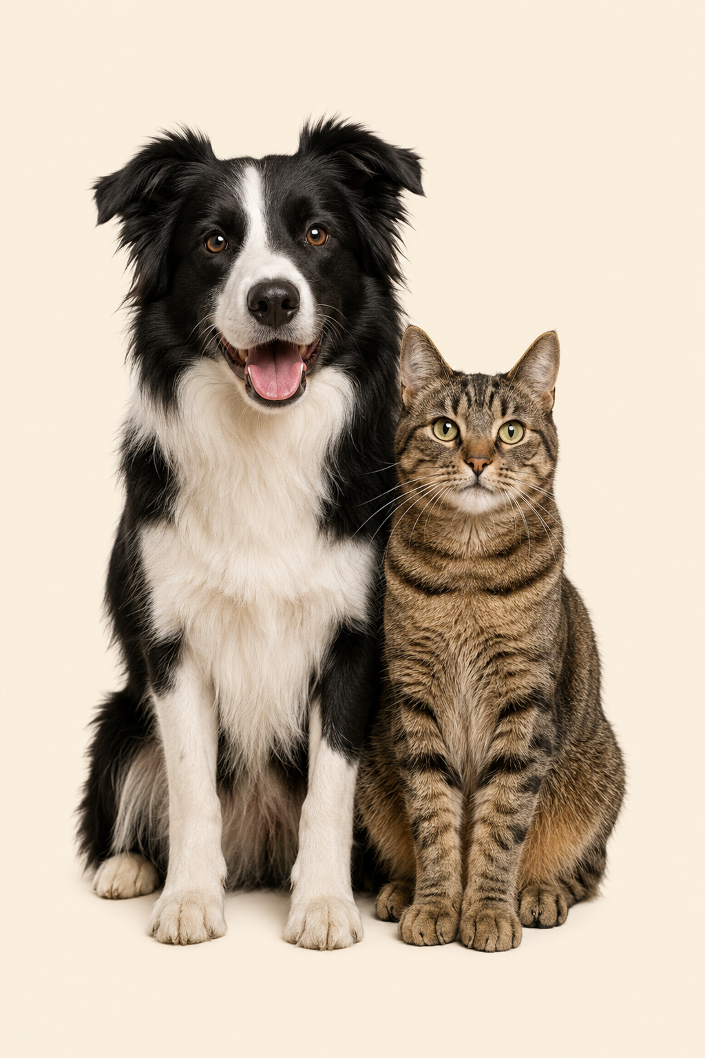 Um cão e um gato sentados lado a lado